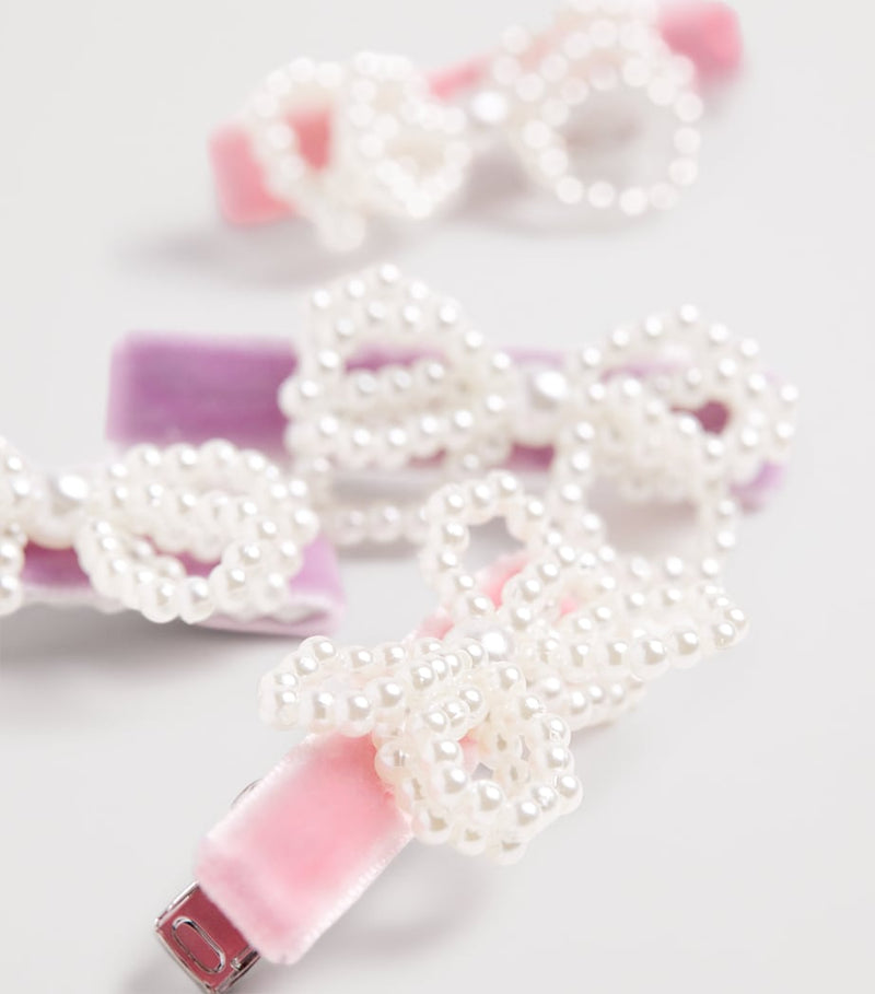 Self-Portrait Kids Velvet Pearl Bow Hairclips (Set of 4)