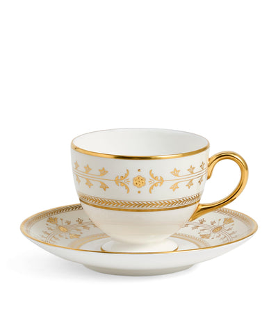 Bone China Teacup and Saucer with 22-Karat Gold Detailing for Elegant Tea Service