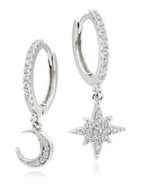 Sterling Silver Moon and Star Earrings Cubic Zirconia 22mm