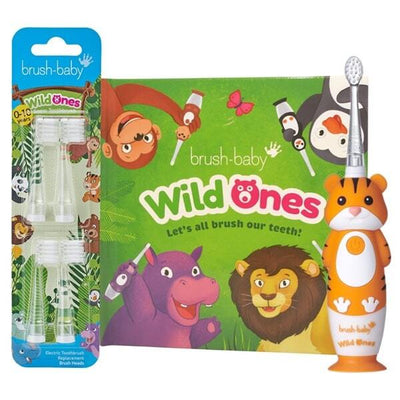Brush Baby WildOnes Tiger Kids Electric Toothbrush Gift Set 6 Replacement Heads