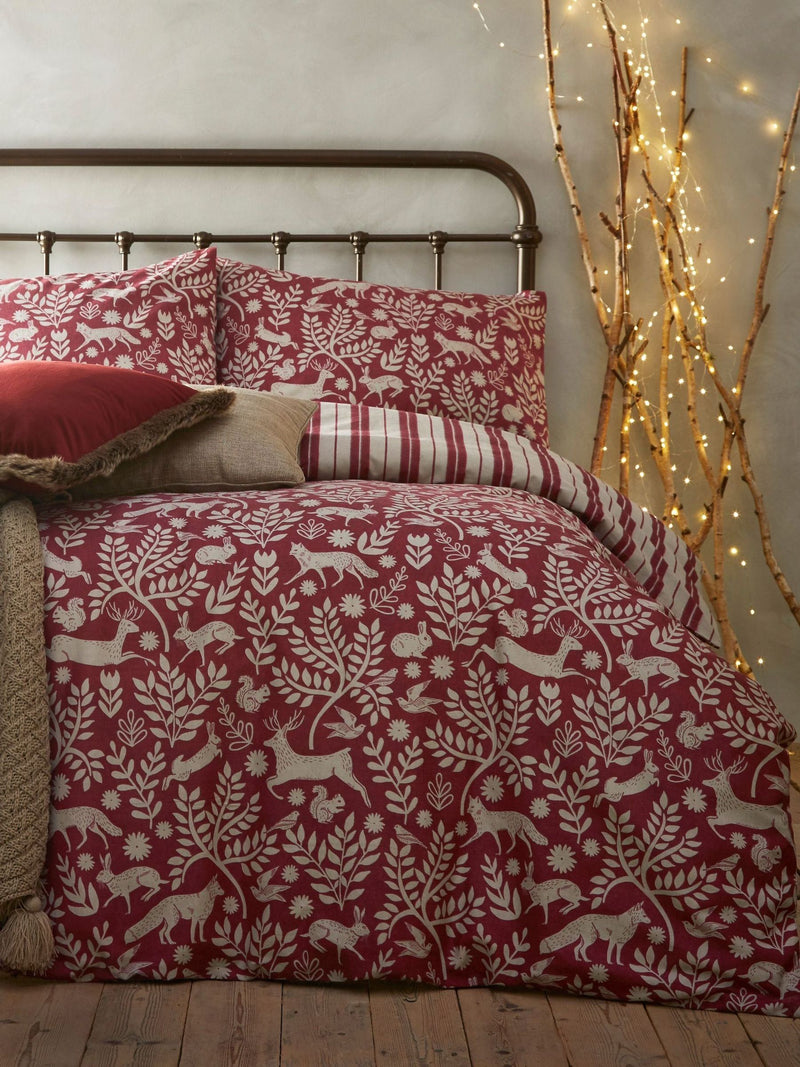 Furn Burgundy Red Skandi Woodland Brushed 100% Cotton Stag Reversible Christmas Duvet Cover and Pillowcase Set
