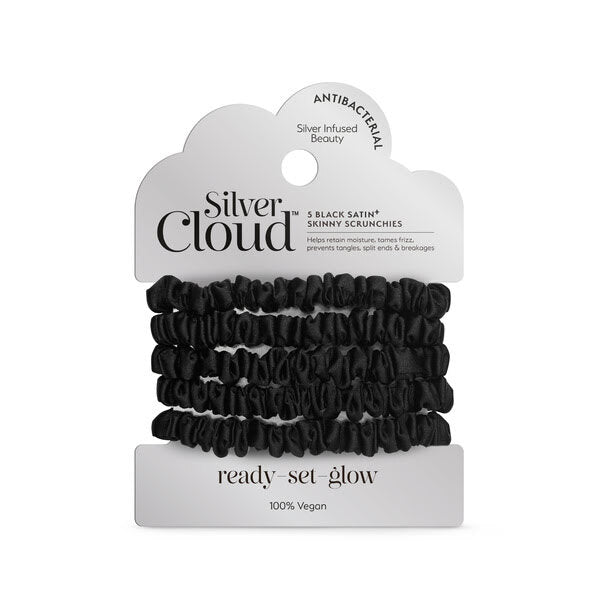 Silver Cloud black satin skinny scrunchies 5 Pack (British brand)