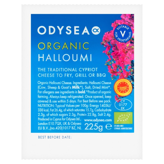 Odysea organic halloumi cheese 225g, imported from the UK