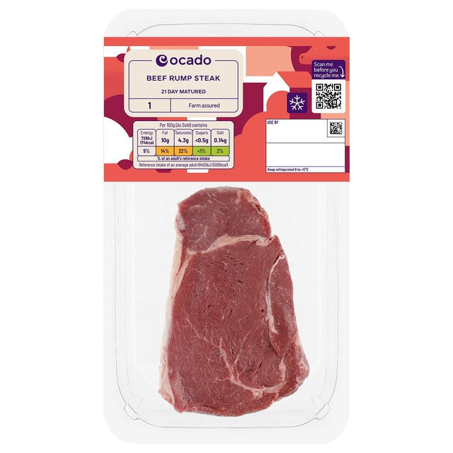 Ocado beef rump steak 255g, imported from the UK