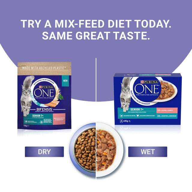 Purina One senior cat food mini fillets with salmon and ocean fish 8x85g pouches, imported from the UK