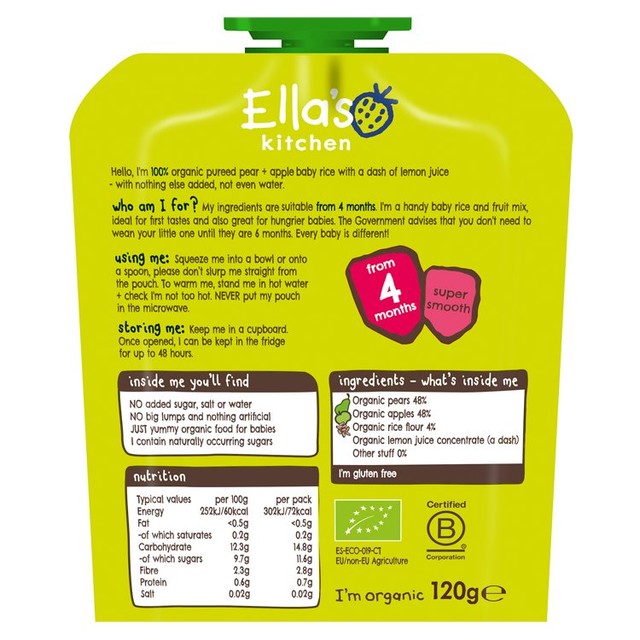 Ella's Kitchen pear and apple baby rice pouch 120g - British product