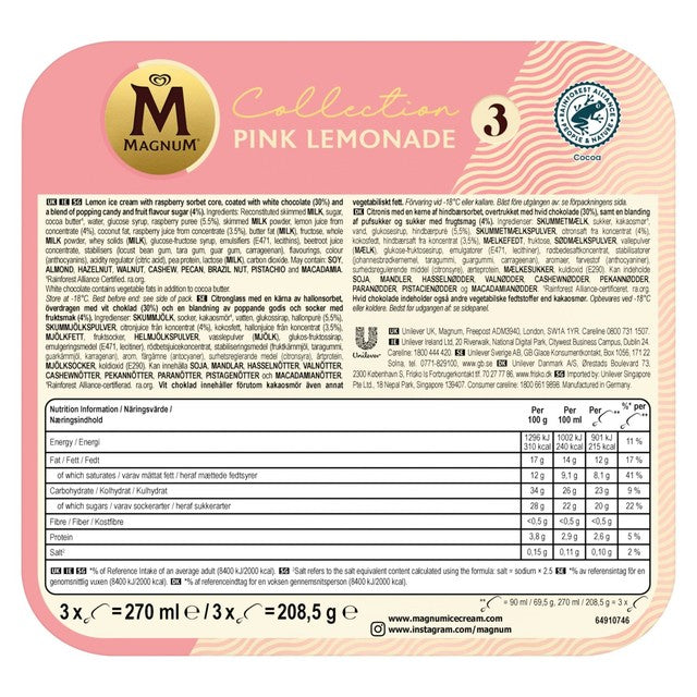 Magnum Pink Lemonade ice cream sticks 3x90ml, imported from the UK