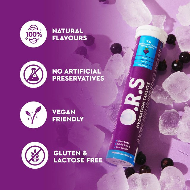 O.R.S blackcurrant hydration tablets 24 tablets, imported from the UK
