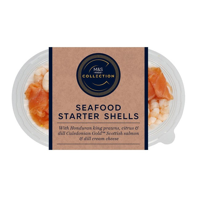 M&S seafood shells with prawns and salmon 148g, imported from the UK