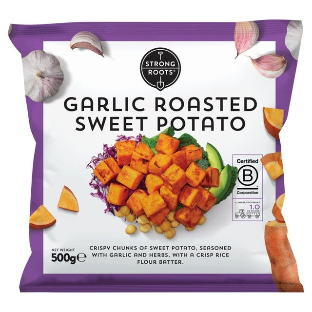Strong Roots garlic roasted sweet potato chunks 500g (British brand)