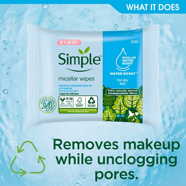 Simple Kind to Skin Micellar Biodegradable Cleansing Wipes 20 pack (British brand)