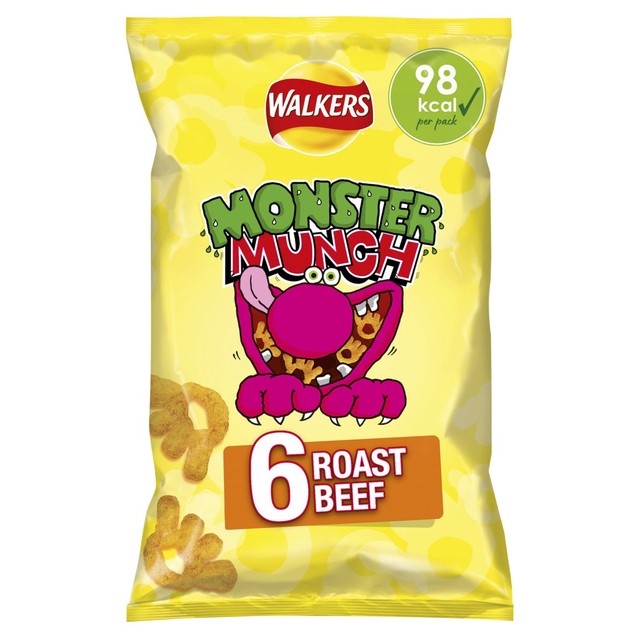 Walkers Monster Munch Roast Beef flavour corn snacks multipack 6x20g (British brand)
