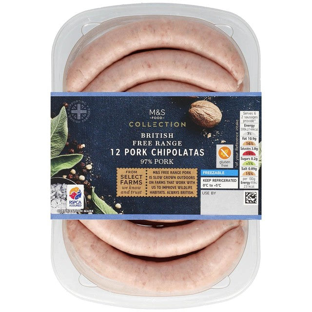 M&S seasoned pork chipolatas 375g, imported from the UK