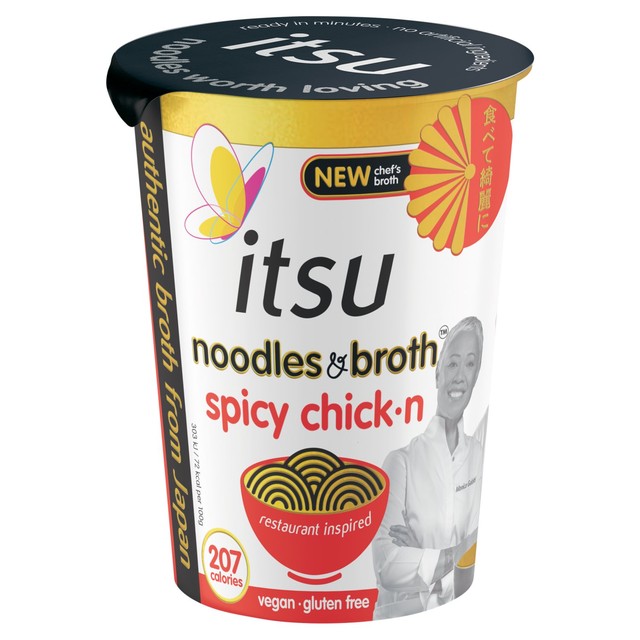 Itsu spicy chickn instant noodles broth pot 64g, UK version