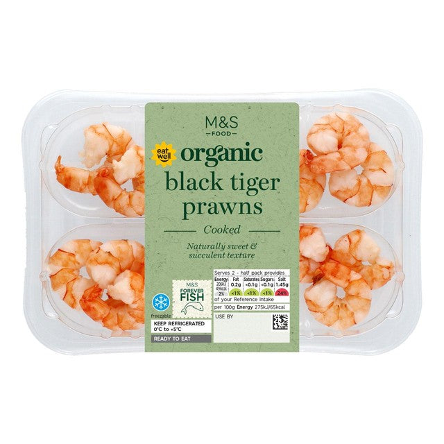 M&S organic black tiger prawns 150g, imported from the UK