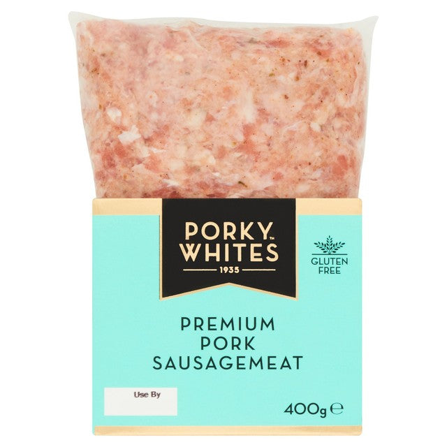 Porky Whites gluten free sausagemeat 400g, imported from the UK