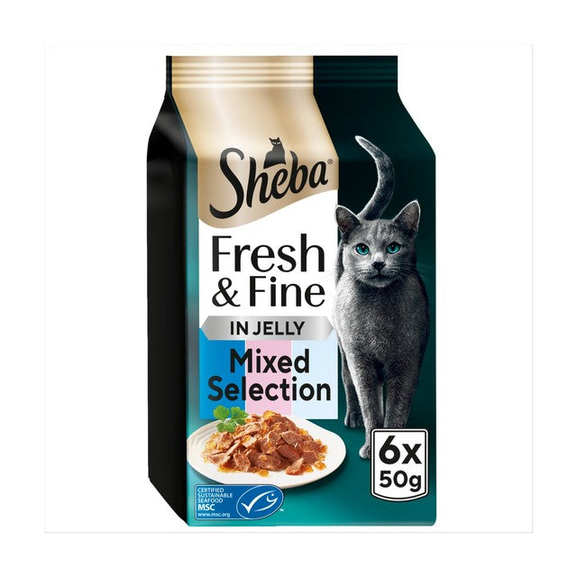 Sheba cat food pouches tuna salmon whitefish jelly 6x50g (British brand)