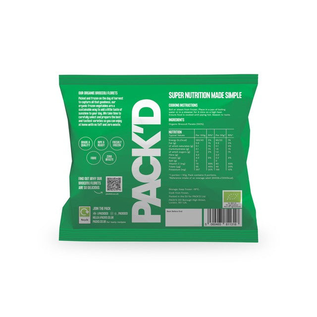 PACK'D organic broccoli florets 450g, imported from the UK