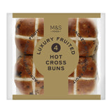 M&S fruited hot cross buns 4 pack, imported from the UK