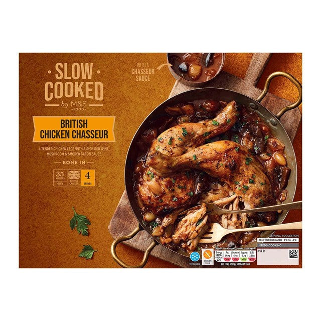 M&S slow cooked chicken legs with red wine, mushroom and smoked bacon sauce 1.296kg, imported from the UK