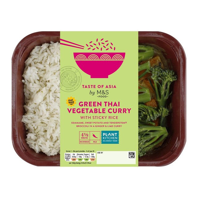 M&S Green Thai Vegan Curry & Rice ready meal 400g, imported from the UK
