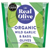 The Real Olive Co. Organic Wild Garlic & Basil Pitted Olives 150g, imported from the UK