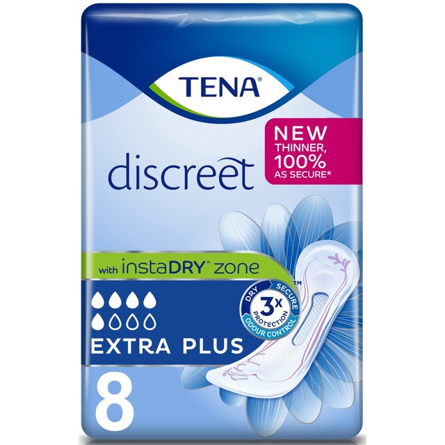 TENA Discreet Extra Plus incontinence pads 8 per pack (British brand)