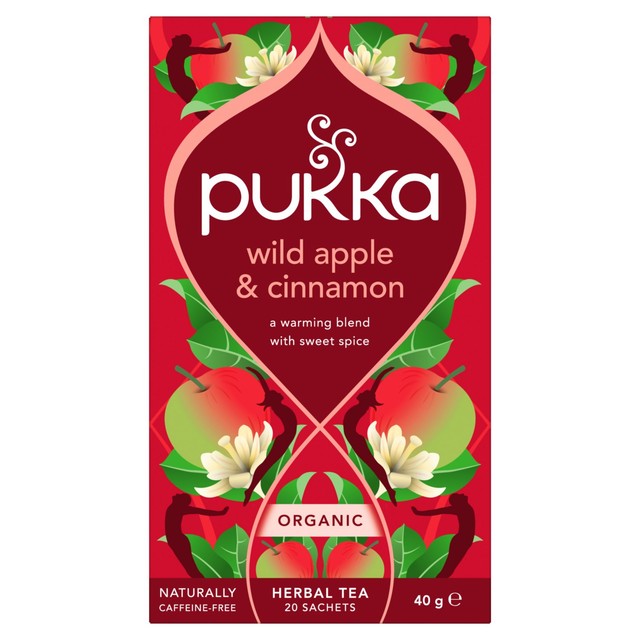 Pukka Herbs wild apple and cinnamon with ginger herbal tea bags 20 teabags, imported from the UK