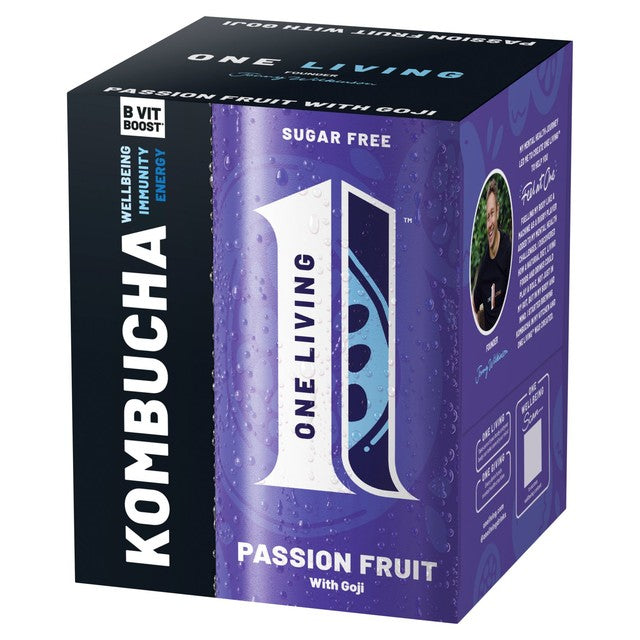 One Living Passionfruit Sugar Free Kombucha 4x250ml, imported from the UK
