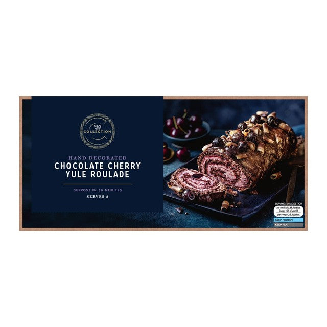 M&S Chocolate Cherry Yule Roulade frozen dessert 750g, imported from the UK