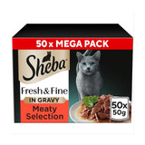 Sheba Fresh & Fine Wet Cat Food Pouches Meaty Pieces in Gravy, Chicken, Beef & Duck, 50 x 50g