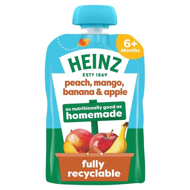 Heinz baby food puree pouch peach mango banana apple 100g, UK version