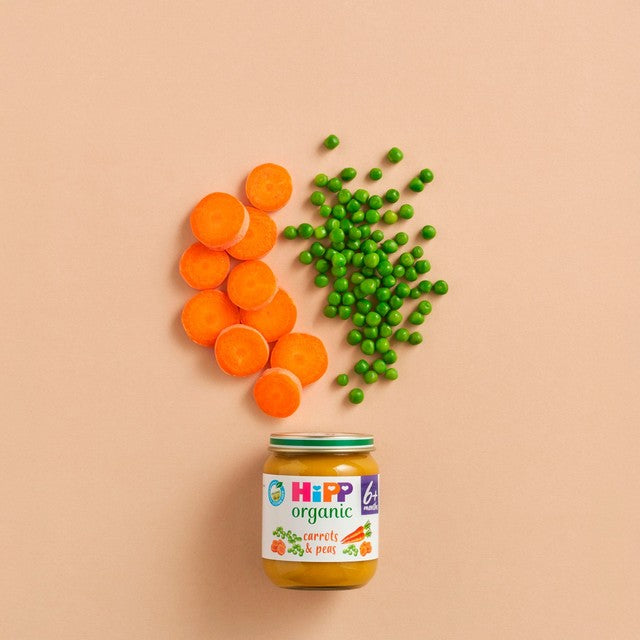 HiPP Organic carrots and peas baby food jar 125g, UK version
