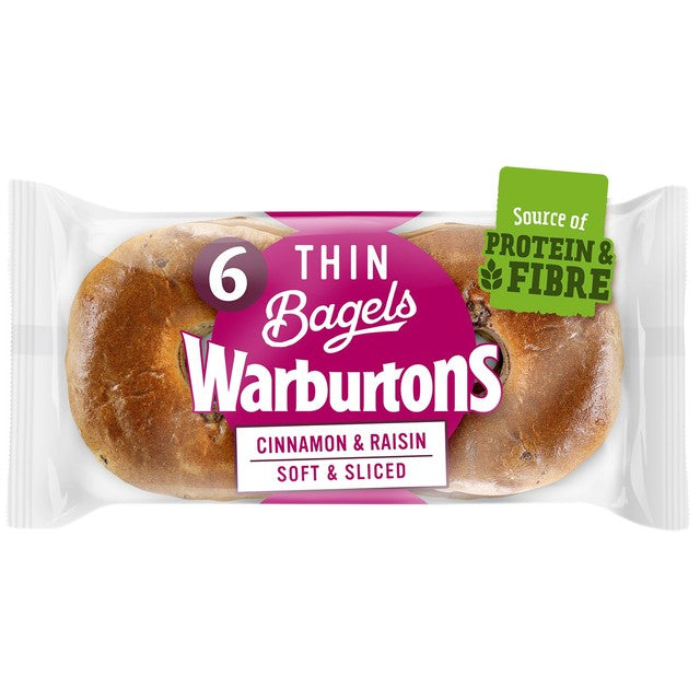 Warburtons cinnamon & raisin thin bagels 6 pack (British brand)