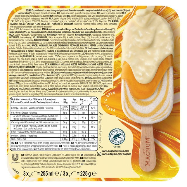 Magnum mango and coconut ice cream sticks 3 x 85ml, imported from the UK