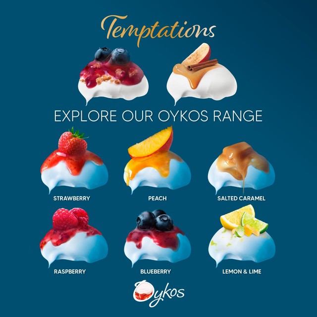 Oykos Greek style yogurt strawberry 4x110g, imported from the UK