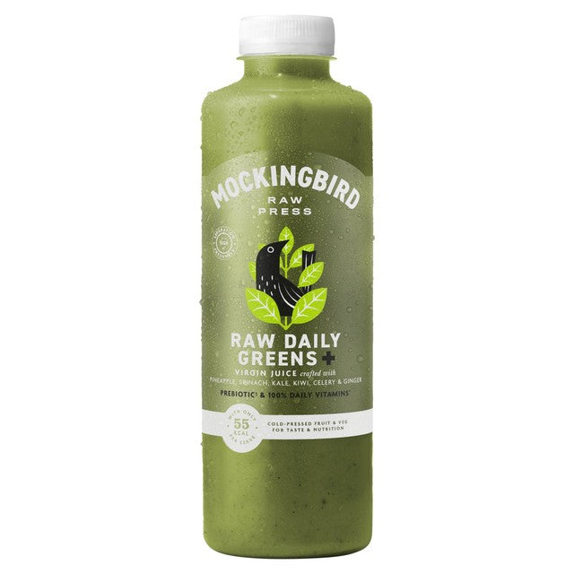 Mockingbird Raw Daily Greens Juice with cucumber, spinach, pineapple, and kiwi 750ml, imported from the UK