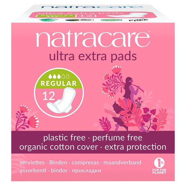 Natracare Organic Cotton Ultra Extra Normal Pads with Wings 12 Pack, imported from the UK