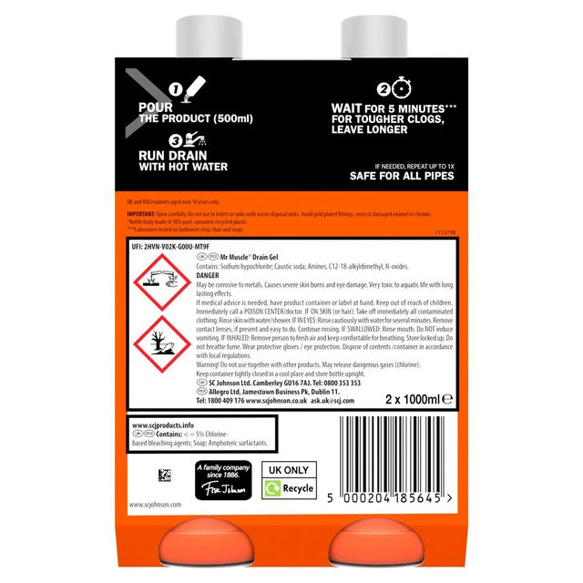 Mr Muscle drain unblocker gel 2 x 1L, imported from the UK
