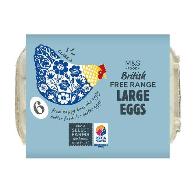 M&S Large Free Range Eggs 6 Pack, imported from the UK