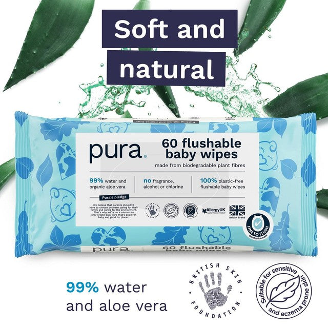 Pura plastic free flushable baby wipes 12 x 60 packs, imported from the UK