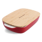 KitchenAid Empire Red Stoneware Rectangular Casserole Dish with Bamboo Lid 32cm