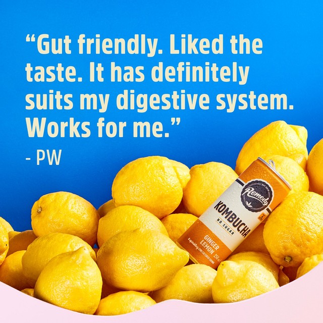 Remedy ginger lemon kombucha 4 x 330ml, imported from the UK