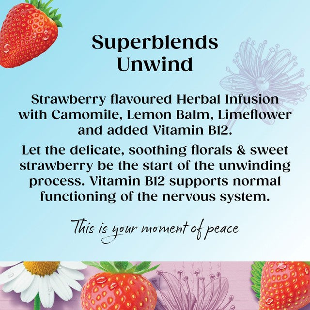 Twinings Superblends Unwind Tea with strawberry, camomile, and limeflower 20 teabags (British brand)