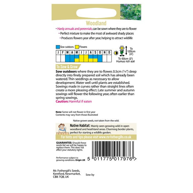 Mr Fothergills Wild Flower Woodland Mixture Seed Pack, imported from the UK