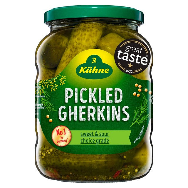 Kuhne Gherkins Sweet & Sour Pickled 330g, UK version