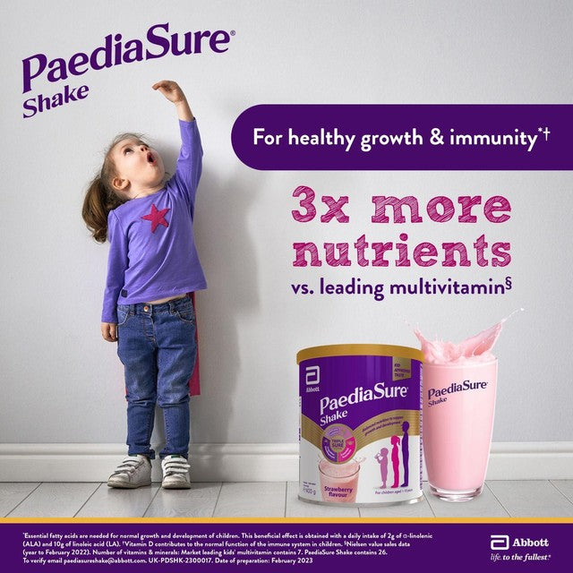 PaediaSure Shake Strawberry nutritional supplement powder 400g, imported from the UK