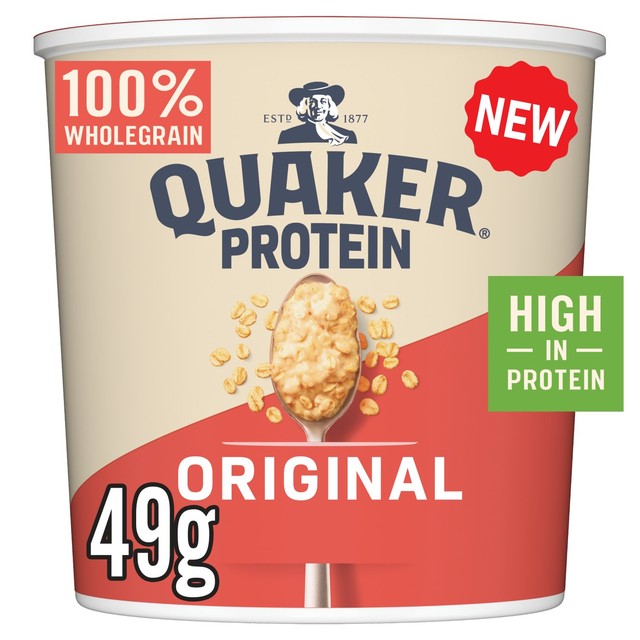 Quaker High Protein Original porridge pot 49g, imported from the UK