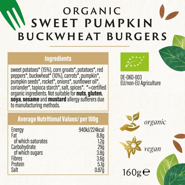 Biona sweet potato buckwheat burgers 160g - British product