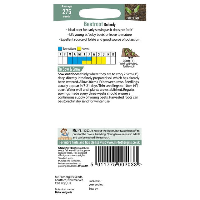 Mr Fothergill's Beetroot Boltardy vegetable seeds, imported from the UK